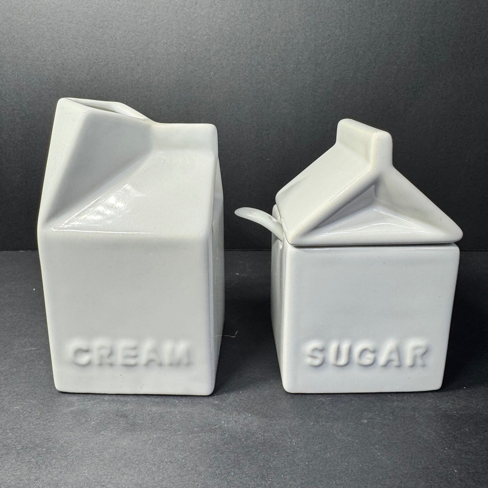 Pier 1 Imports White Stoneware Milk Carton Cream and Sugar Set with Spoon